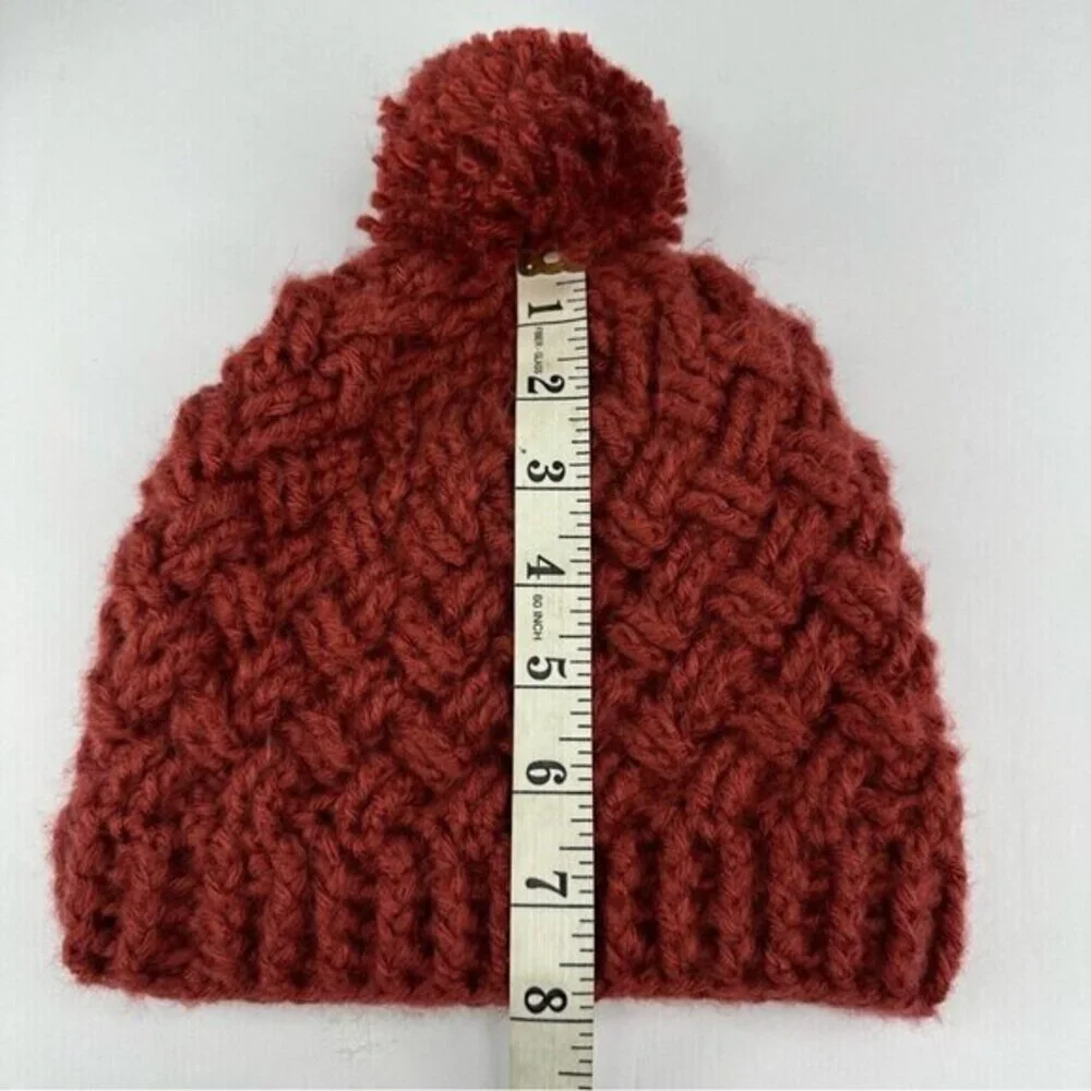 Created By Cyd Handmade Rust Red Basketweave Knit Pom Beanie Hat Women‎ NEW